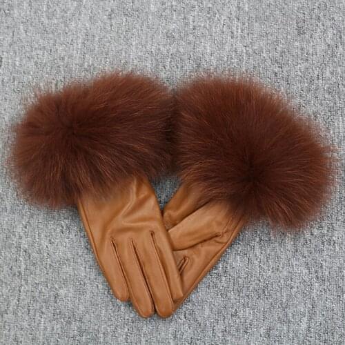 Winter Villus Lining Genuine Sheep Leather Gloves With Real Fox Fur For Women