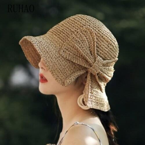 RUHAO Women Summer Beach Elegant Sun Hat Floppy Brim Foldable Panama Chapeau Femme Wide Brim Bowknot Straw visors hat