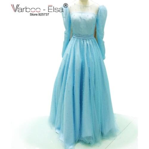 VARBOO_ELSA Long Sleeves Beaded Evening Dresses pearl Party Elegant Gowns ivory tull A Line Vestidos De Festa Robe De Soiree