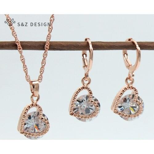 S&Z 2019 New Trendy 585 Rose Gold 5 Color Heart Shape Cubic Zirconia Jewelry Set For Woman Girls Wedding Party Fashion Gift