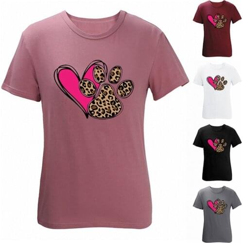 Womens Fashion Casual Valentines Day Love Leopard Print Short Sleeve T-Shirt Top
