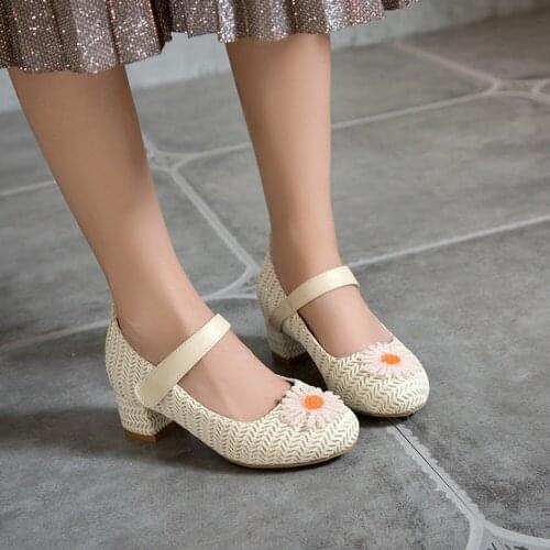 US4-11 Womens Round Toe SunFlowers Weave Lolita Block Heel Pumps Mary Janes Retro Cute Sweet Shoes Plus Size 3Colors Girls 2021