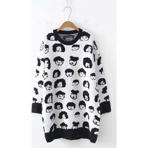 Autumn Winter Sweater Women Loose Medium Long Pullover Female Long Sleeve Round Collar Cartoon Korean Casual Sweaters Top H9455