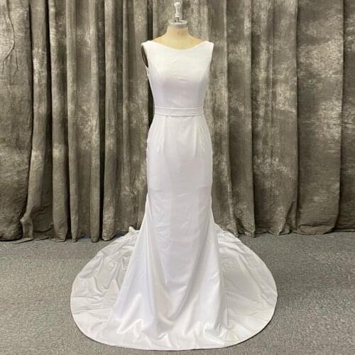 Simple Elegant Mermaid Wedding Dress In Stock Bateau Neck Sleeveless Open Back Bride Gown