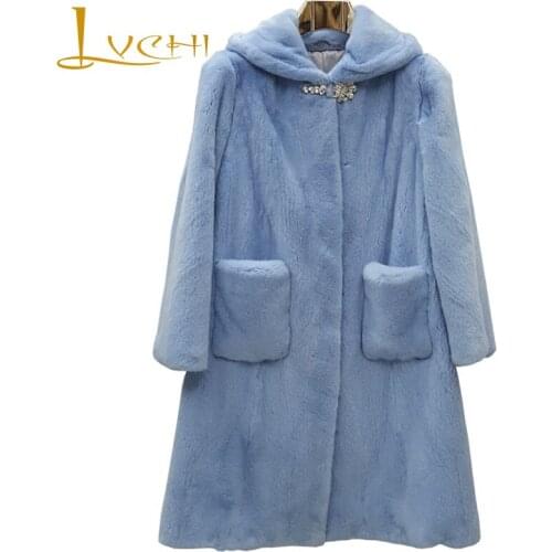 LVCHI Winter 2019 Import Real Mink Fur Coats Womens Pockets Pockets Coat Full Pelt With Fur Hood Causal Slim X-Long Mink Coats