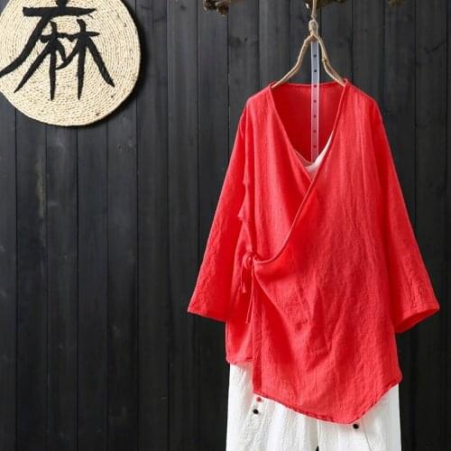 Cotton Linen Traditional Chinese Blouse Hanfu Soild Loose Cheongsam Top Tang Suit Long Sleeve Chinese Style Clothing Women 10381
