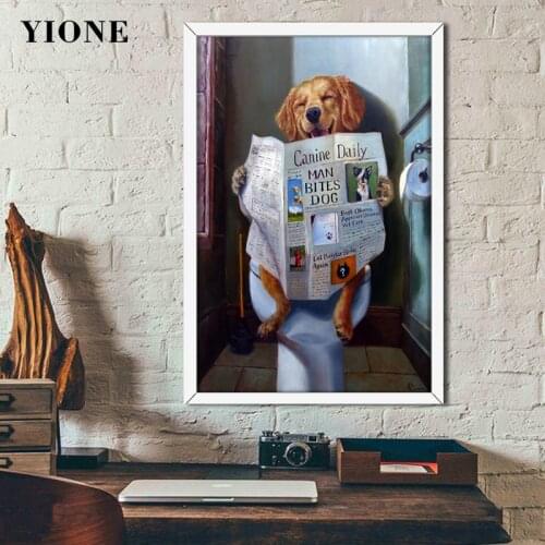 Funny Dog Oil Painting Retro Creative Golden Retriever Read Newspaper Wall Picture Print Canvas Art Posters Bathroom Room Decor