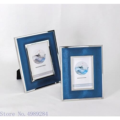 Creativity Blue Leather Photo Frame Metal Frame Photo Storage Display Desktop Crafts Ornaments Home Decoration Picture Frame