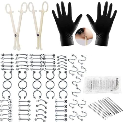 Yuelong 93pcs Professional Body Piercing Kit Stainless Steel 16G Piercing Needles Piercing Clamps Belly Ring Tongue Tragus Nippl