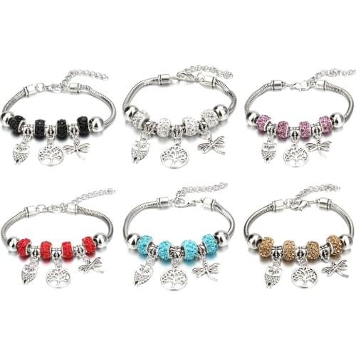 New Jewelry Owl Tree Dragonfly Shape 6 Colors Charm Bracelets for Women White Clay Beads Brand Bracelet Bangle DIY Jewelry Gifts