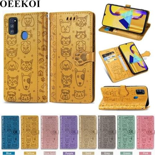 OEEKOI Cartoon Style Cat Dog Wallet Flip Cover Case for Samsung Galaxy M30s with Card Slot Holder