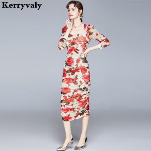 Autumn Mesh Pleated Elastic Waist Pack Hip Sexy Bodycon Dress Women Print Fall Bubble Sleeve Floral Dress 2021 Ropa Mujer K8835
