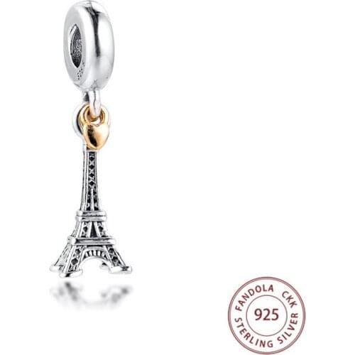 100% Real 925 Sterling Silver Eiffel Tower Paris with 14K Gold Heart Charms Beads Fits Women Bracelets DIY Original Jewelry
