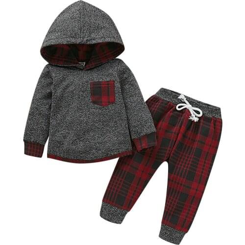 Xmas 0-3Y Baby Boy Girl Infant Clothes Sets Autumn Winter Plaid Print Hooded Tops+Pants 2PCS Set Outfits