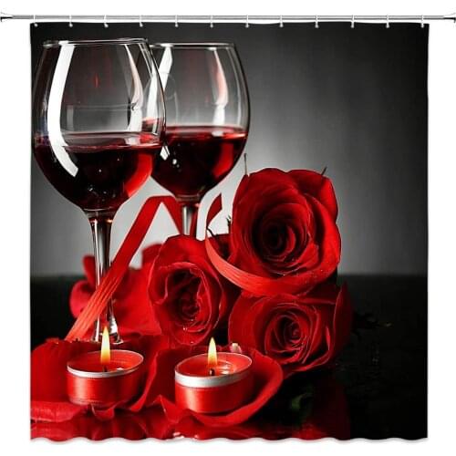 Rose Red Wine Shower Curtain Bathroom Decor Blooming Flower Romantic Couple Bathroom Decor Polyester Hanging Curtains Sets