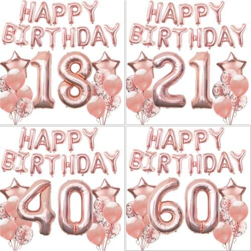 Rose Gold Birthday Party Balloons 18 21 30 40 50 60th Happy Birthday Foil Balloons Banner Boy Girl Baby Shower Party Decor DIY