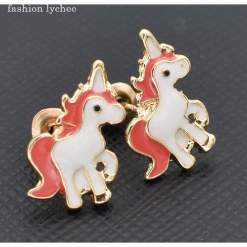 Fashion lychee New Arrival Red Tail Animals Unicorn Horse Lovely Stud Earring Birthday Jewelry Gift For Girls