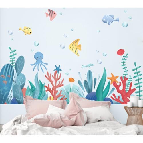 [SHIJUEHEZI] Fish Animals Wall Stickers DIY Seagrass Plants Wall Decals for Kids Room Baby Bedroom Bathroom Home Decoration