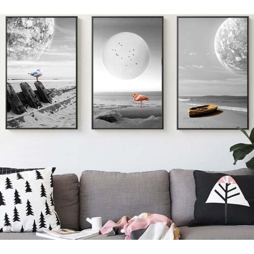 Modern Black White Landscape Yellow Boat Print Canvas Paintings Flamingo Abstract Wall Art Pictures Living Room Home Decorative