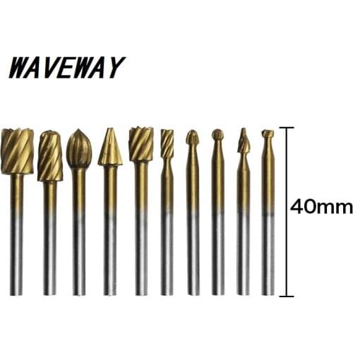 WAVEWAY 10pcs Set HSS Titanium Routing Rotary Milling Rotary File Cutter Wood Carving Carved Knife Accessories
