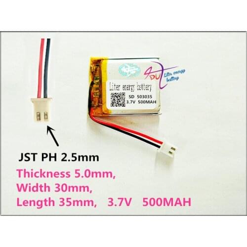 XHR-2P 2.5 Polymer battery 503035 3.7V 500MAH smart home MP3 speakers Li-ion battery for dvr,GPS,mp3,mp4,cell phone,speaker