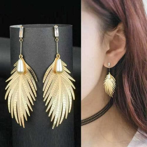 Fashion Women Gold Color Leaf Pearl Dangle Stud Earrings Wedding Party Jewelry Gifts