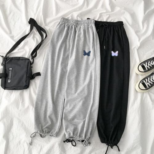 HOUZHOU Harajuku Oversize Gray Jogging Sports Pants Women Baggy Korean Fashion Wide Leg Trousers For Female Cute Pattern Print