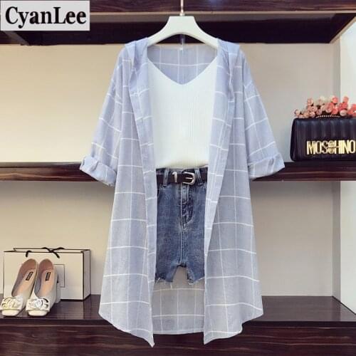 2020 New Arrival Casual 3 Piece Set Women 3/4 Sleeve Plaid Long Hoodies Sunscreen Shirts + Knitted Vest + Hole Denim Short Sets