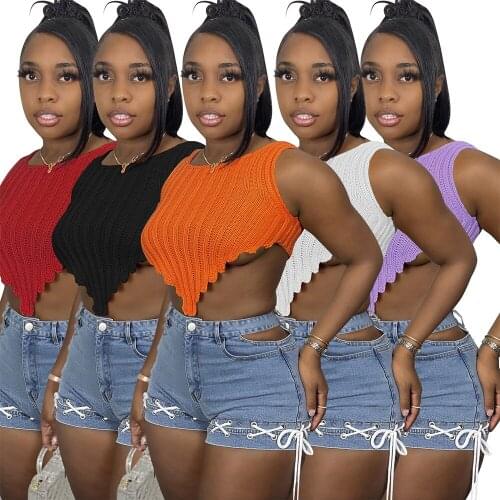 2021 Sleeveless Knitted Crop Sweater Sexy Autumn Summer Fashion Vest Black Casual White Jumper Top Female Pullover Y2K