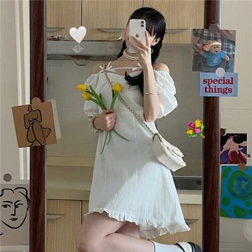 Japanese Sweet Girly Ruffle Bow Dress Kawaii Sexy Off Shoulder White Ruffles Mini Dress Korean Summer Elegant Retro Lolita Drees