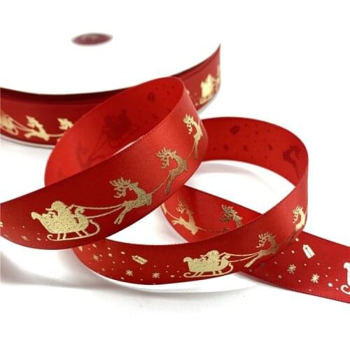 25mm Polyester Ribbon Bronzing Ribbon Printed Christmas Ribbon For Christmas Decoration DIY Sewing Fabric S5s07