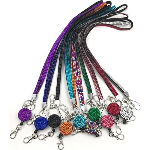 50pcs/lot Rhinestone Bling Lanyard with Badge Reel and Key Chain Fashion Phone Strap Lanyard Wholesale Free shipping