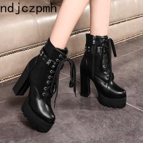 Martin Boots New Fashion Autumn and Winter Round Head Zipper Rivet High Heel Short Tube Womens Shoes Plus Size 33-43 11cm High