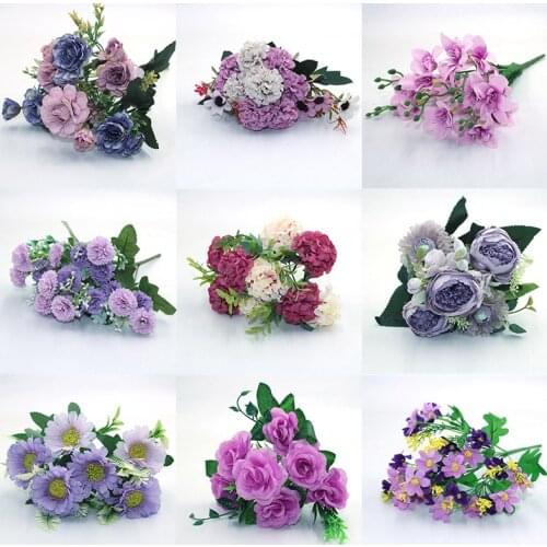 Purple autumn fake tea rose peony silk flower autumn gerbera daisy artificial plastic flower wedding home accessories decoration
