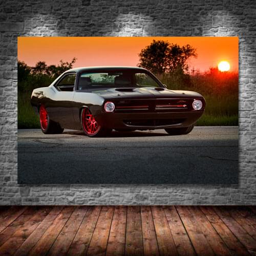 Decorative Paintings Sunset Black Muscle Car Plymouth Classic Car Posters Canvas Print Wall Art For Home Decor