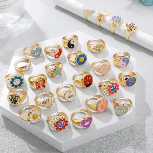 Aesthetic Colorful Evil Eyes Love Heart Rings for Women Sweet Sunflower Drip Oil Enamel Metal Gold Finger Rings Couple Jewelry