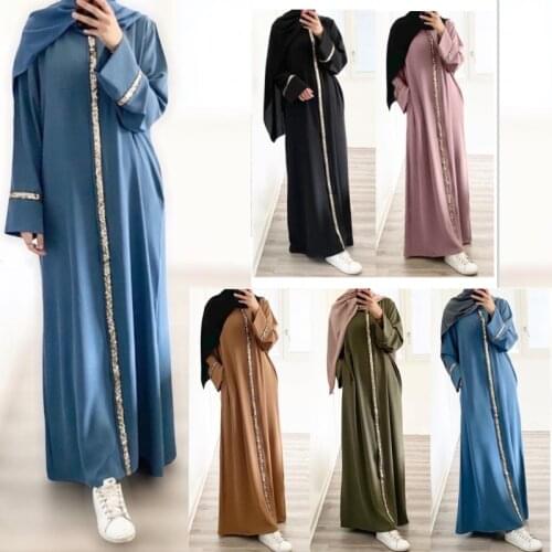 Fashion Muslim Women Sequins Maxi Dress Turkey Arab Elegant Long Sleeve Loose Robe Islamic Clothes Abaya Eid Gown Turkey Morocco