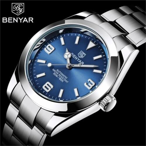 2021 New Mens Automatic Mechanical Watches BENYAR Top Brand Luxury 41mm Blue Mens Watches 50m Waterproof Men Relogio Masculino