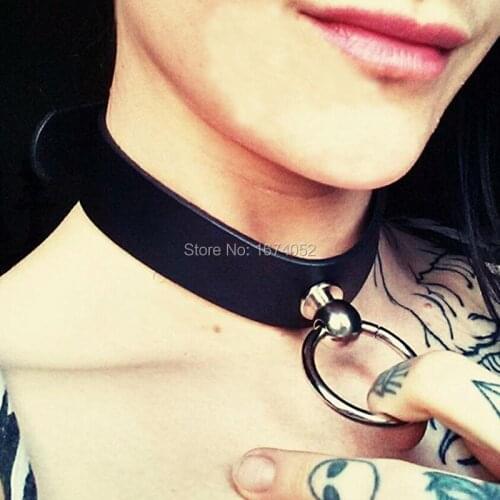 Punk Gothic 100% Handcrafted Gold Leather Choker Sub Slave Collar Bondage Hanging O-Round Choker Necklace