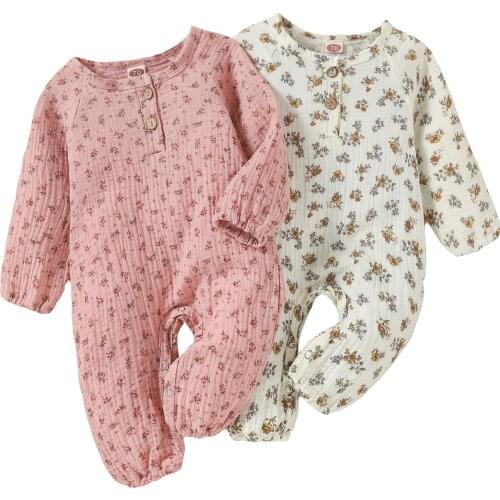 Infant Baby Girls Casual Romper, Floral Printed Pattern Round Collar Long Sleeve Jumpsuits, Beige/ Pink