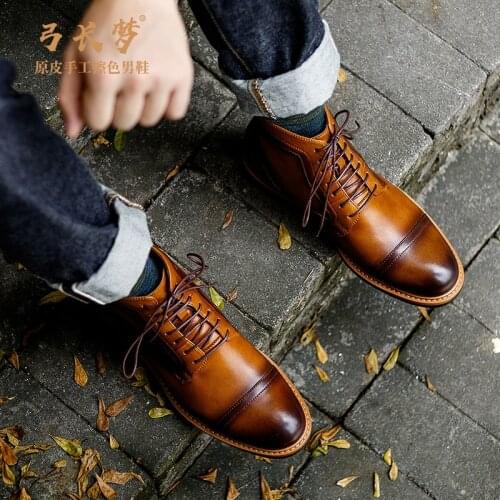 2021 Handmade Luxury Men Brown Hand Burnish Oxfords Boot, Brown Lace up Ankle Boots Wedding Shoes