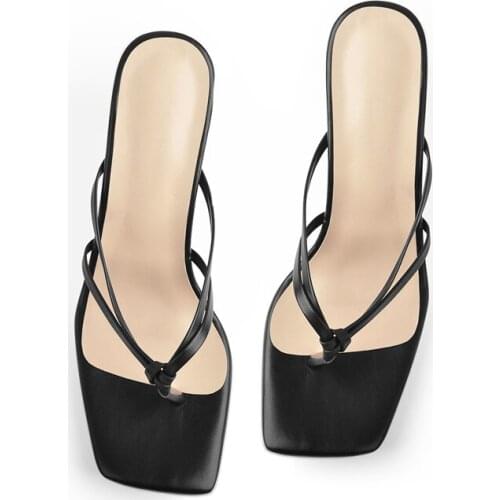 Richealnana Summer Square Toe Flip Flops Sandals Matte Black Cross Slip-On Mules Transparent Kitten Heel Comfortable Shoes
