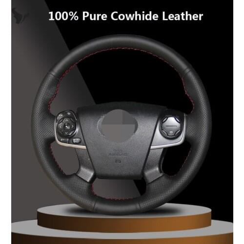 Hand-stitched Black Genuine Leather Steering Wheel Cover for Toyota Camry 2012 2013 2014 2015