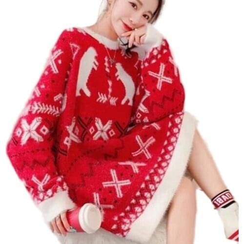 Vintage Geometric Pattern Long Sleeve Knitted Sweater Pullover Women Thick Winter Casual Warm Jumper