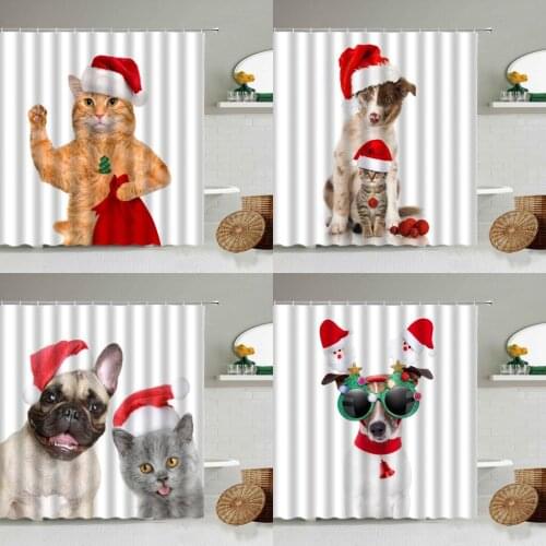 Merry Christmas Shower Curtain Fun Cat Dog Bulldog Animal Christmas Hat Holiday Bathroom Waterproof Hanging Screen Home Decor