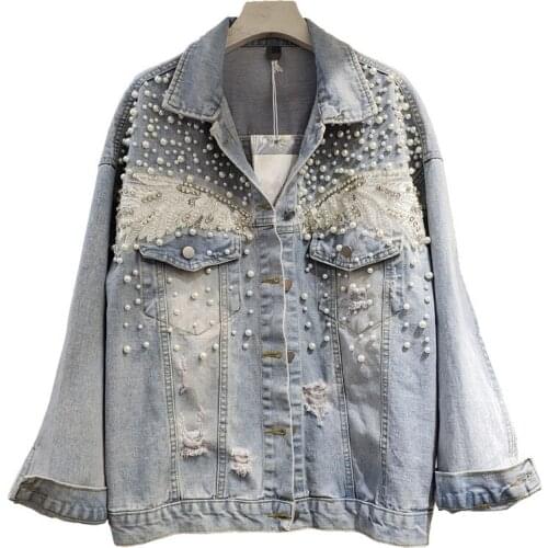 2021 Spring New Denim Jacket Women Fashion Diamond Beaded Pearl Single-Breasted Loose Vintage Hole Jeans Coat Female Tops H1486