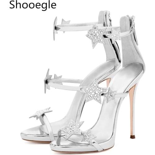 Newest Summer Crystal Star Stud Thin High Heels Women Sandals Back Zip Platform Open Toe Rhinestone Pumps Sliver Black Rose Gold