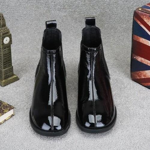 2020 Spring Autumn New Brand Womens Patent leather Flat Boots British Square Toe Slip On Elastic Mouth Black Female Ankle Boots