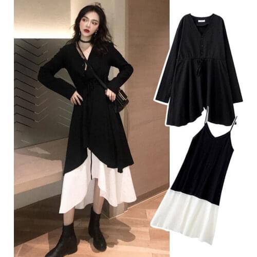Women Two Piece Dress Sets Long Sleeve V-neck Retro French Patchwork Tops and Sling White Black Vest Dresses Suits