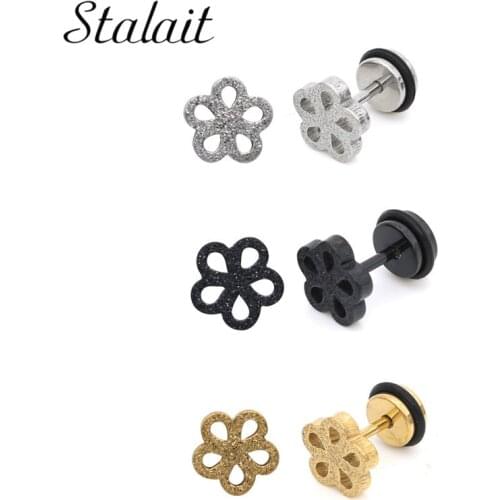 Flower Women Ear Flower Barbell Stud Earrings for Small Crucifix Cuff Earrings Stainless Steel Hip Hop Male Jewelry